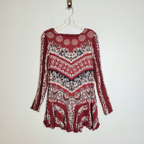 Free People Smooth Talker Floral Long Sleeve Swing Tunic Red Size XS Boho Chic - Picture 1 of 15